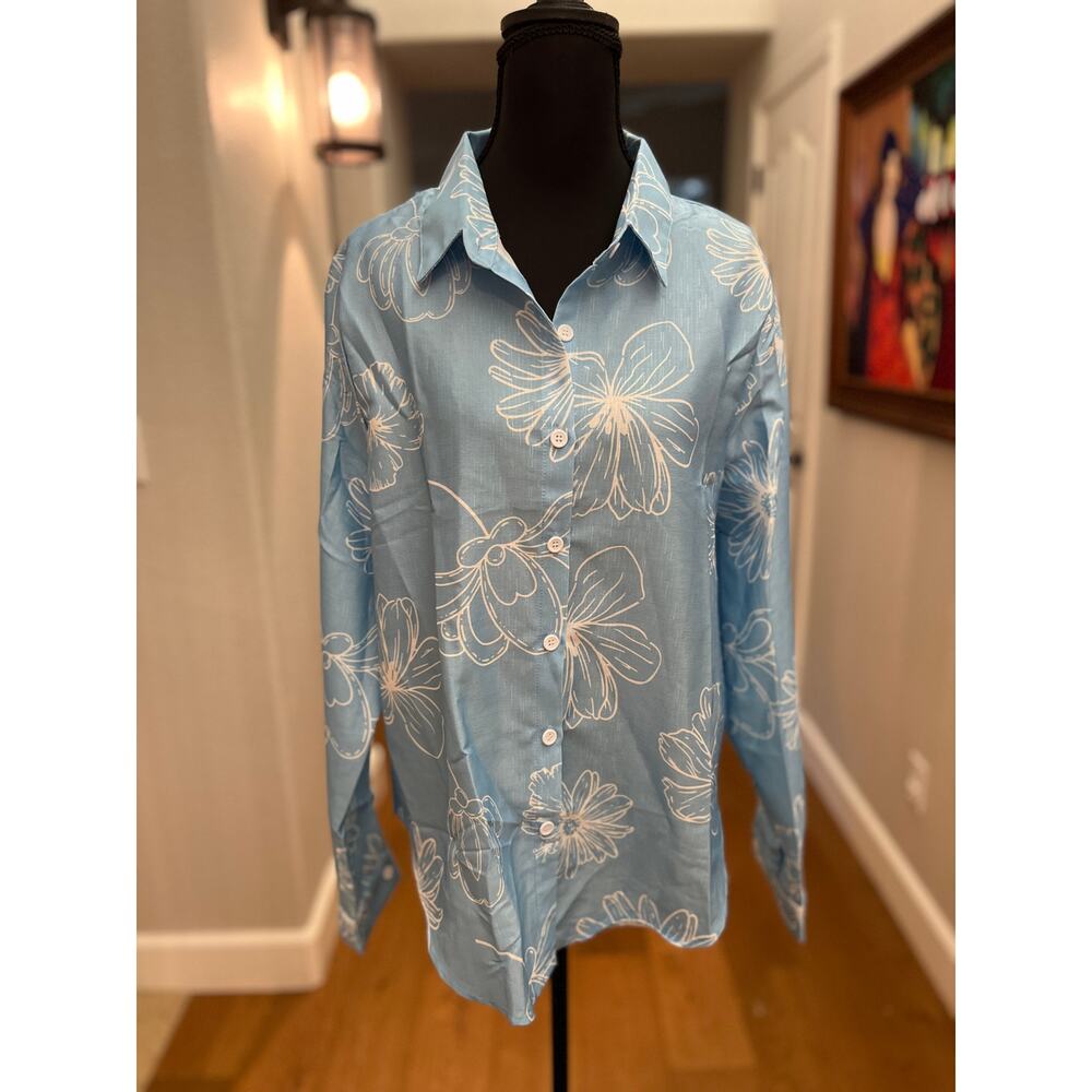 Unbranded Blue‎ & White Floral Button-Down Shirt - Size L